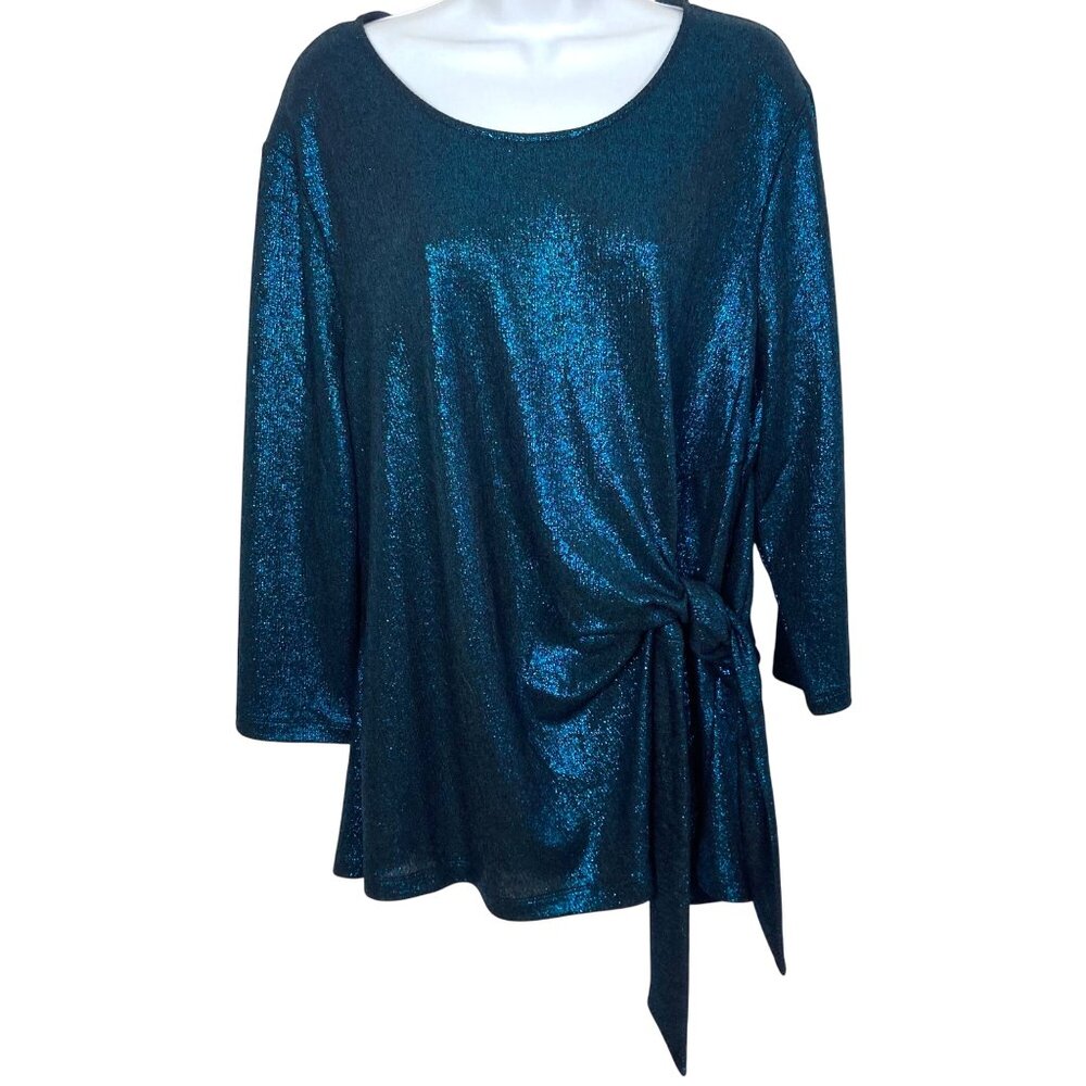 NWT Chico's Blue Metallic Shimmer Glitter Women's Top Side Tie Sz 3 XL